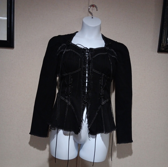 Love Highlight Black Corset Shirt Stretch Denim Lace Up Long Sleeve Size L - Picture 3 of 6